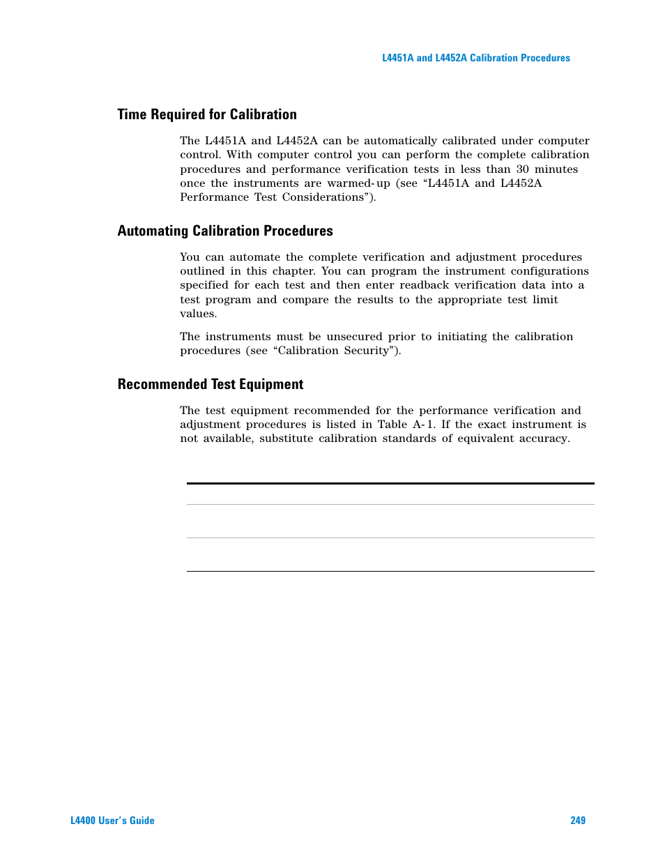 Time required for calibration, Automating calibration procedures, Recommended test equipment | Agilent Technologies L4400 User Manual | Page 261 / 281
