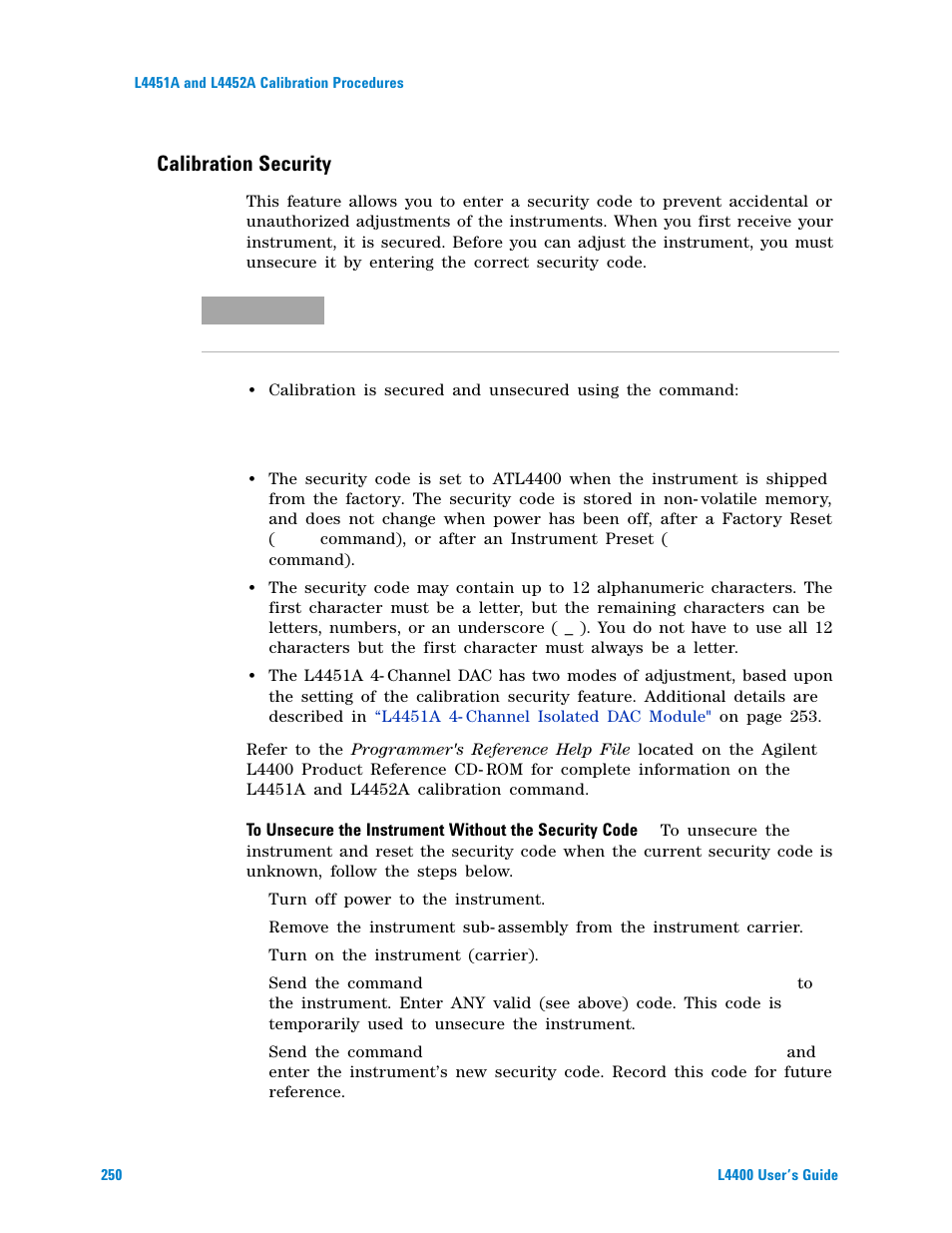 Calibration security | Agilent Technologies L4400 User Manual | Page 262 / 281