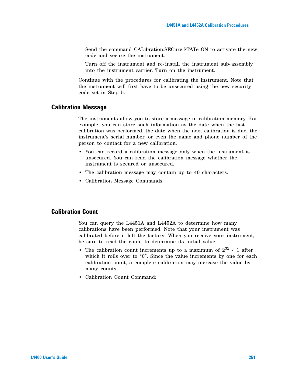 Calibration message, Calibration count | Agilent Technologies L4400 User Manual | Page 263 / 281