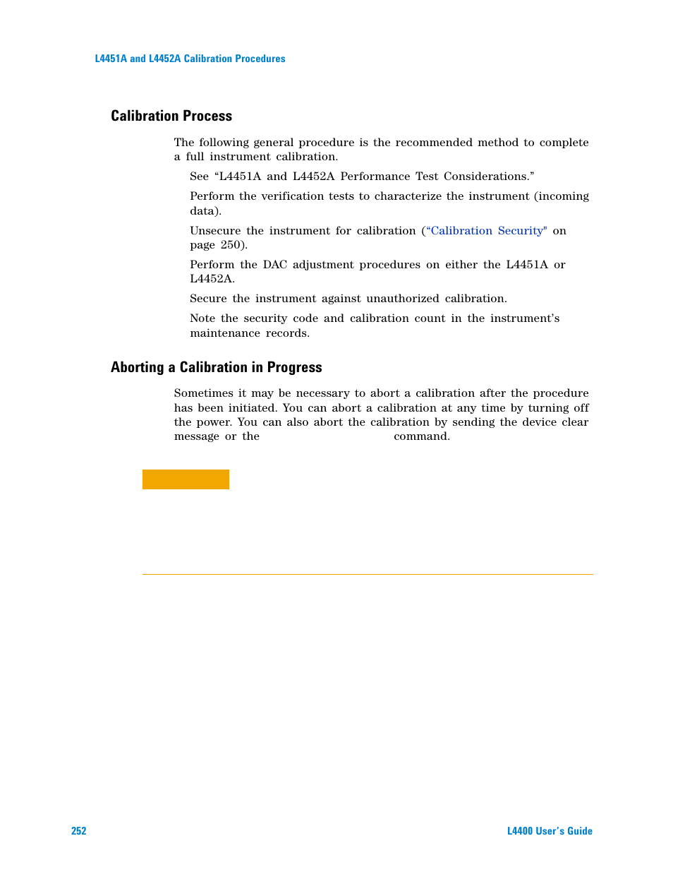 Calibration process, Aborting a calibration in progress | Agilent Technologies L4400 User Manual | Page 264 / 281