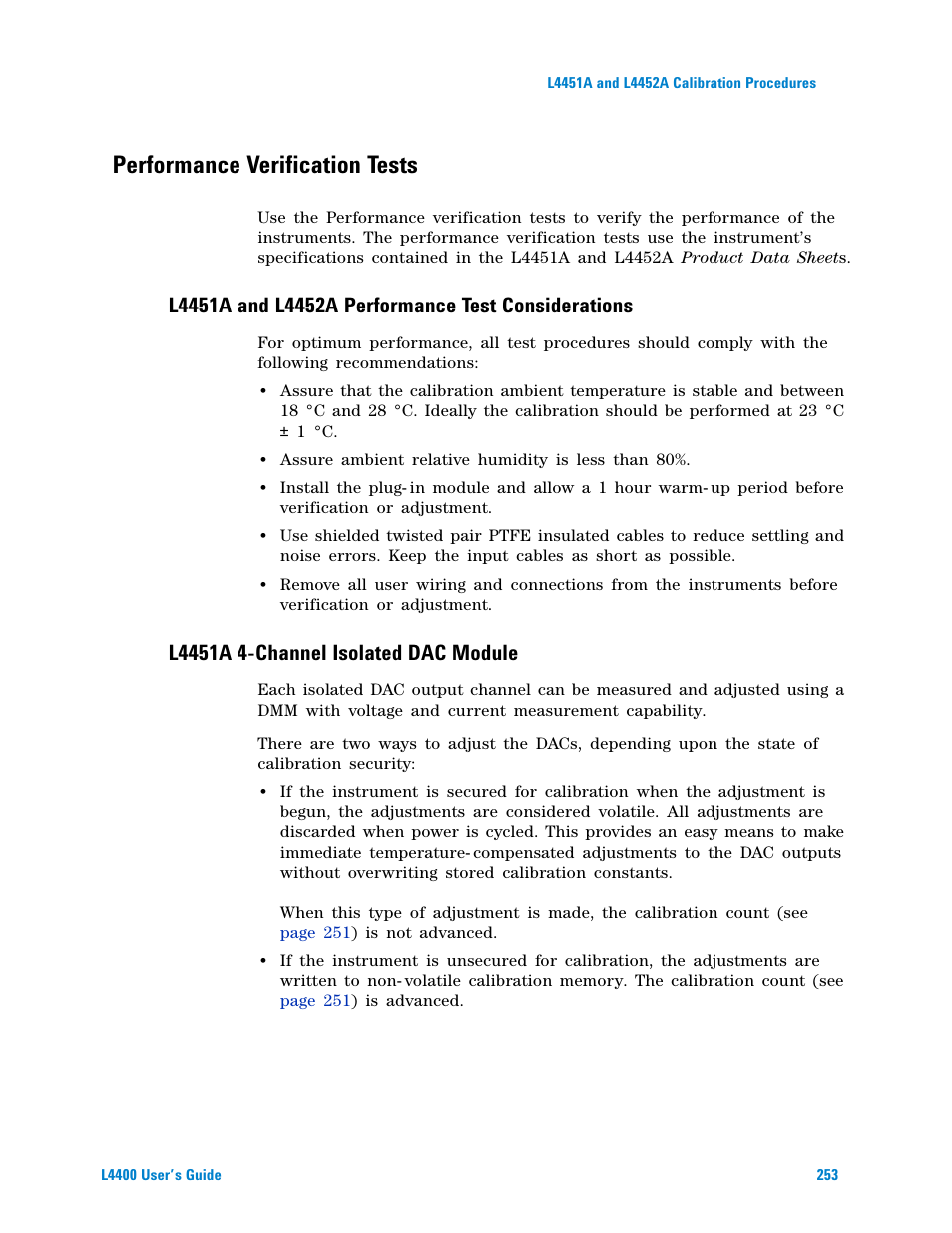 Performance verification tests, L4451a and l4452a performance test considerations, L4451a 4-channel isolated dac module | Agilent Technologies L4400 User Manual | Page 265 / 281