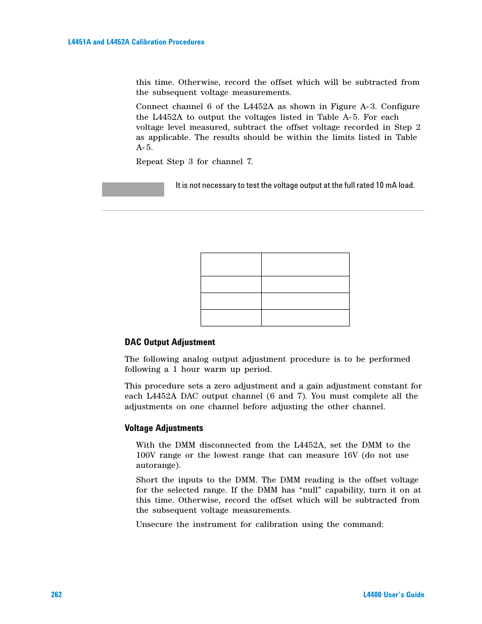 Dac output adjustment, Voltage adjustments | Agilent Technologies L4400 User Manual | Page 274 / 281