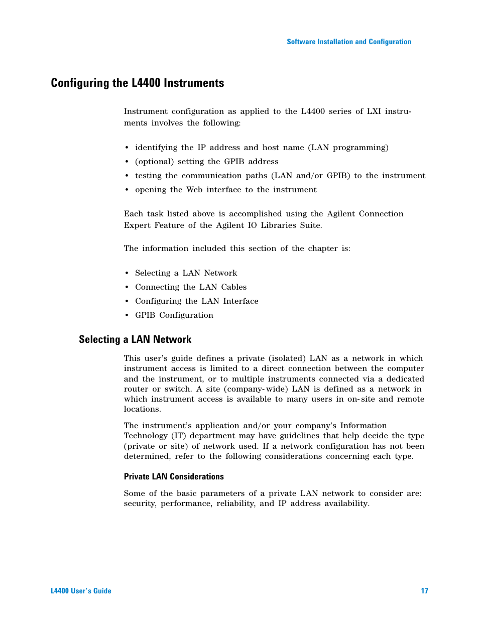 Configuring the l4400 instruments, Selecting a lan network | Agilent Technologies L4400 User Manual | Page 29 / 281