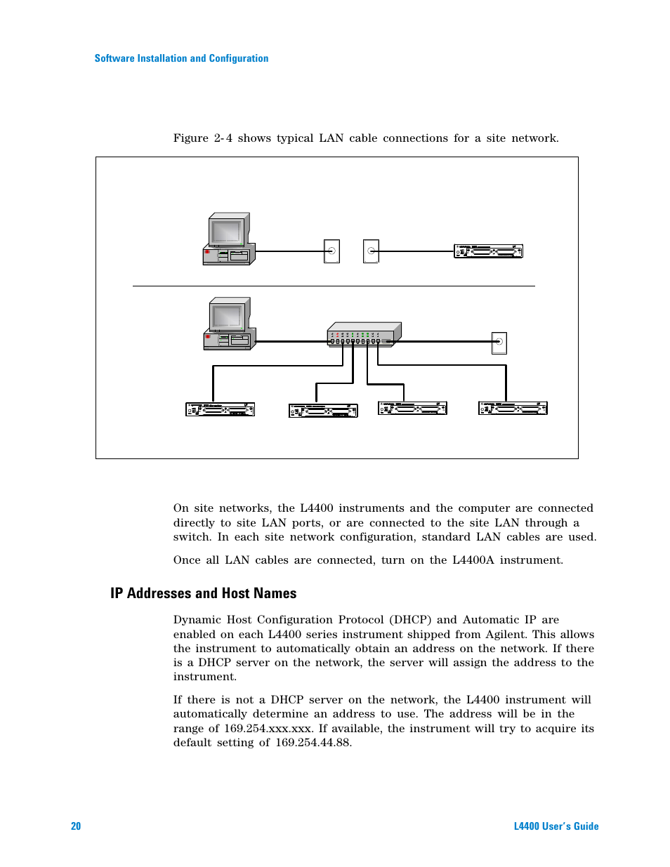 Site network connections, Ip addresses and host names | Agilent Technologies L4400 User Manual | Page 32 / 281