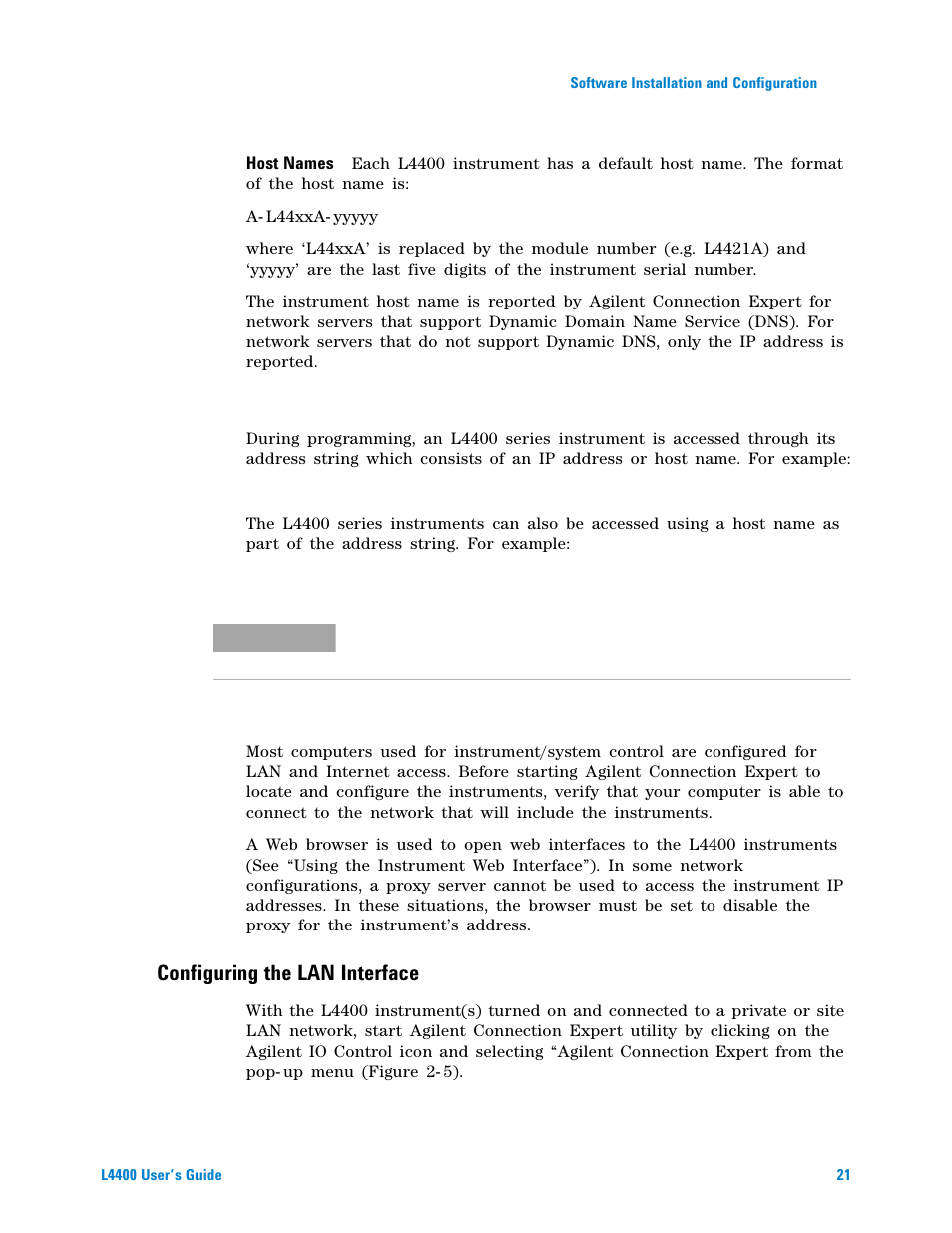 Instrument addressing, Computer configuration, Configuring the lan interface | Agilent Technologies L4400 User Manual | Page 33 / 281
