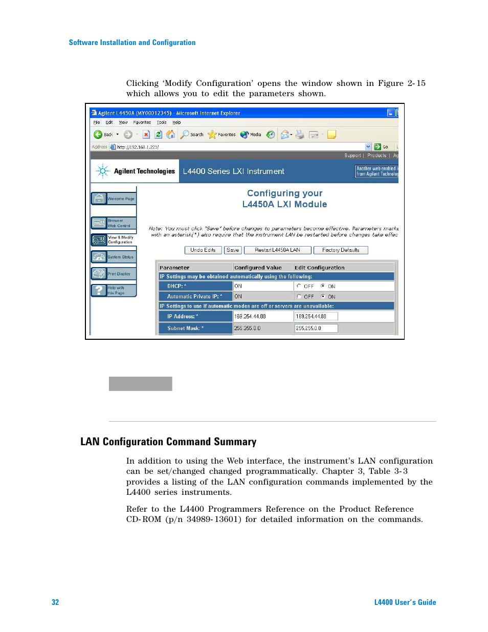 Lan configuration command summary | Agilent Technologies L4400 User Manual | Page 44 / 281