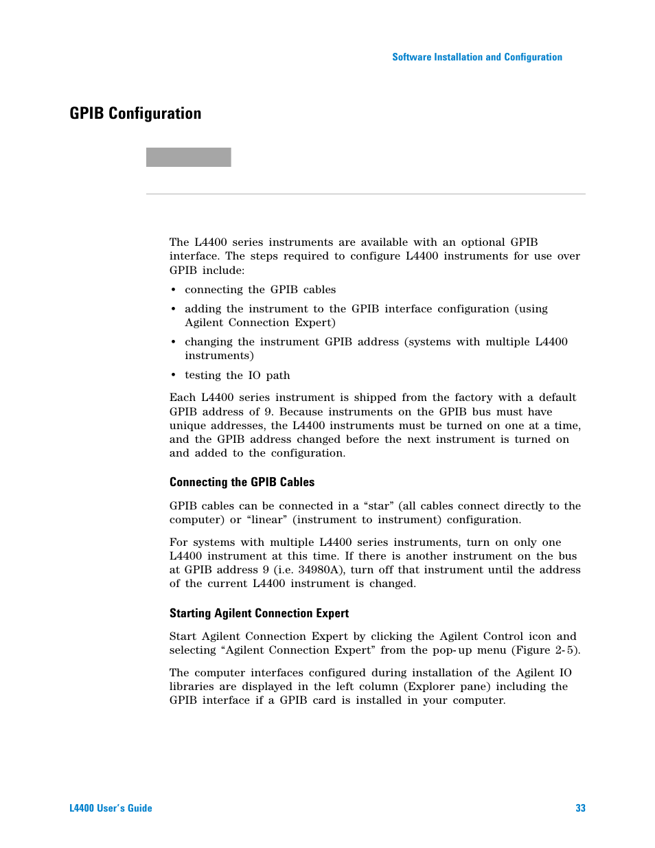 Gpib configuration, Connecting the gpib cables, Starting agilent connection expert | Agilent Technologies L4400 User Manual | Page 45 / 281