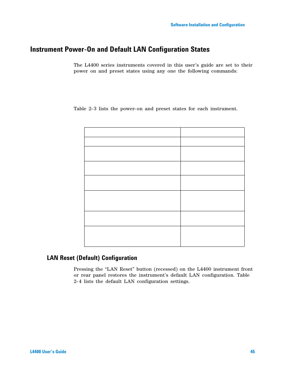 Lan reset (default) configuration | Agilent Technologies L4400 User Manual | Page 57 / 281