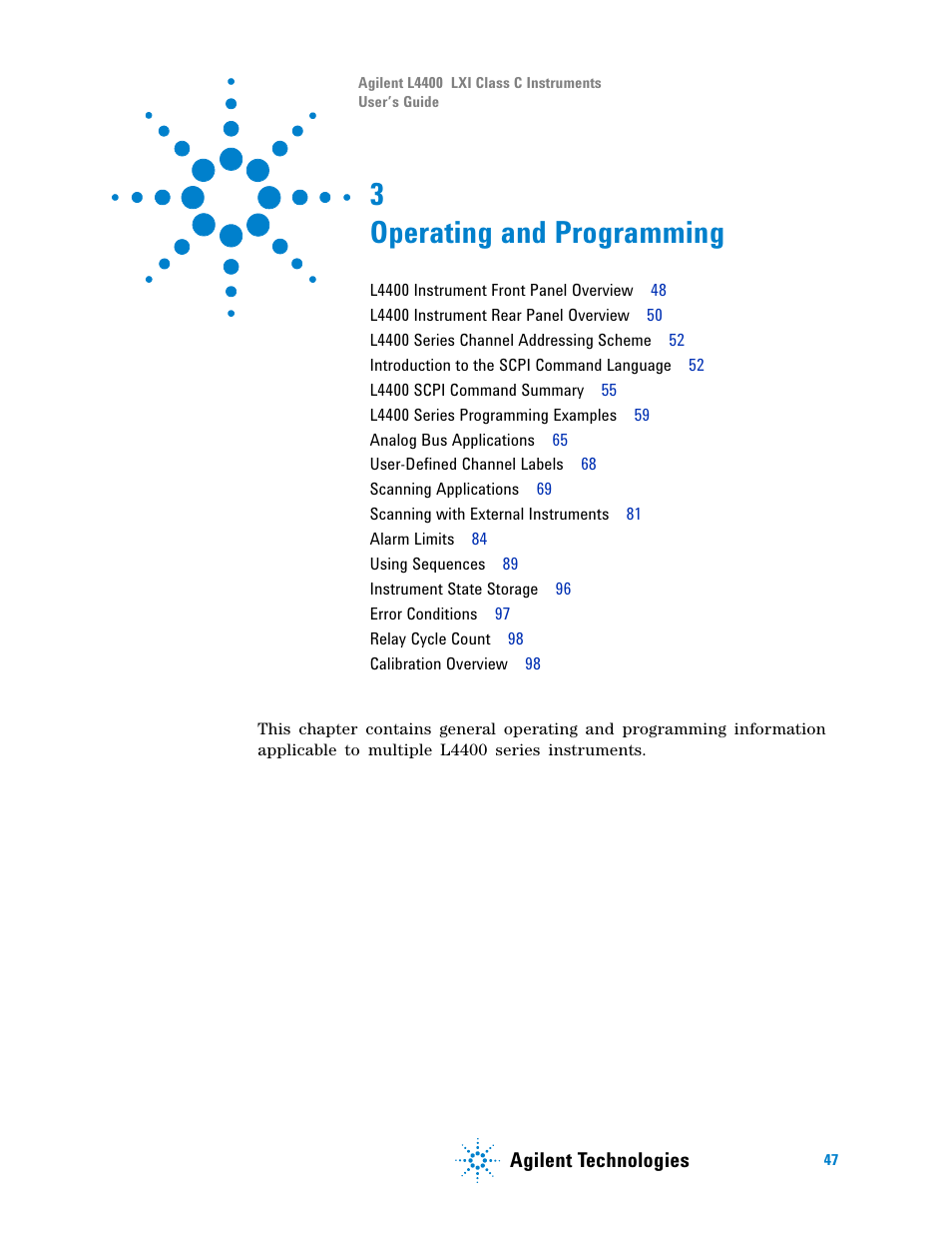 Operating and programming, 3 operating and programming, Agilent technologies | Agilent Technologies L4400 User Manual | Page 59 / 281