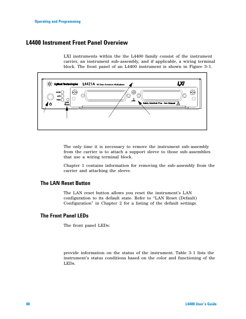 L4400 instrument front panel overview, The lan reset button, The front panel leds | Agilent Technologies L4400 User Manual | Page 60 / 281