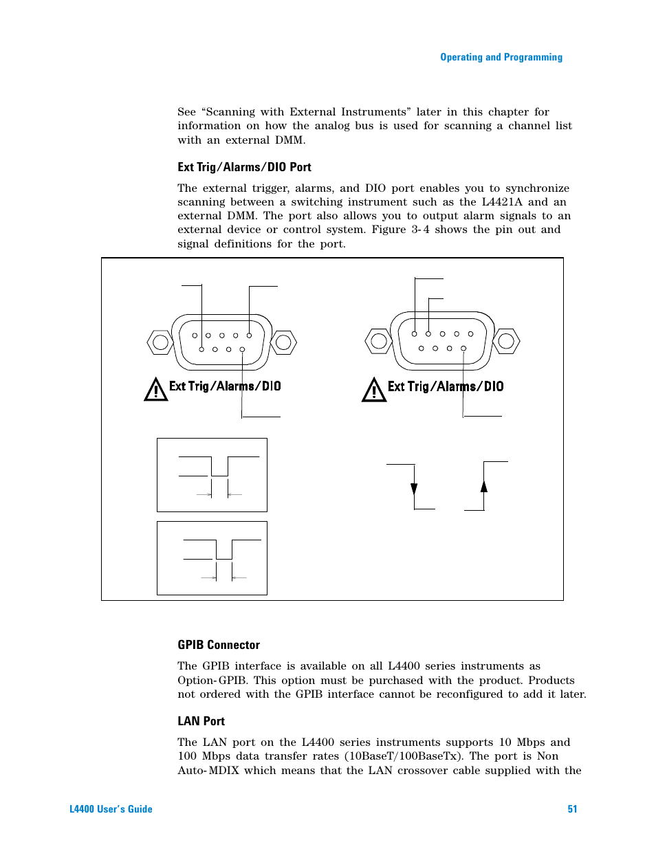 Ext trig/alarms/dio port, Gpib connector, Lan port | Agilent Technologies L4400 User Manual | Page 63 / 281