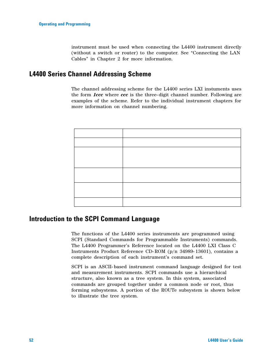 L4400 series channel addressing scheme, Introduction to the scpi command language | Agilent Technologies L4400 User Manual | Page 64 / 281