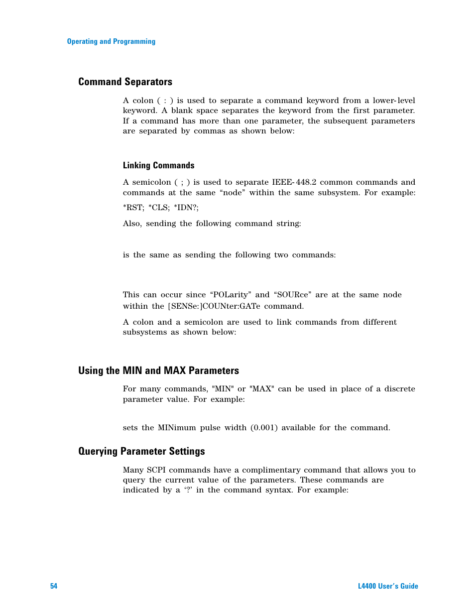 Linking commands, Command separators, Using the min and max parameters | Querying parameter settings | Agilent Technologies L4400 User Manual | Page 66 / 281