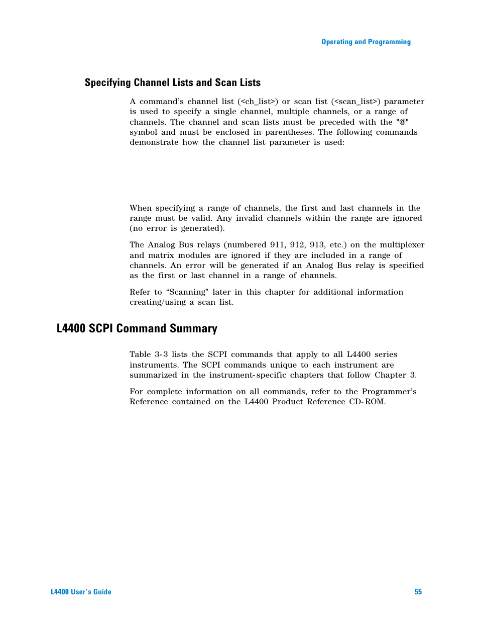 L4400 scpi command summary, Specifying channel lists and scan lists | Agilent Technologies L4400 User Manual | Page 67 / 281