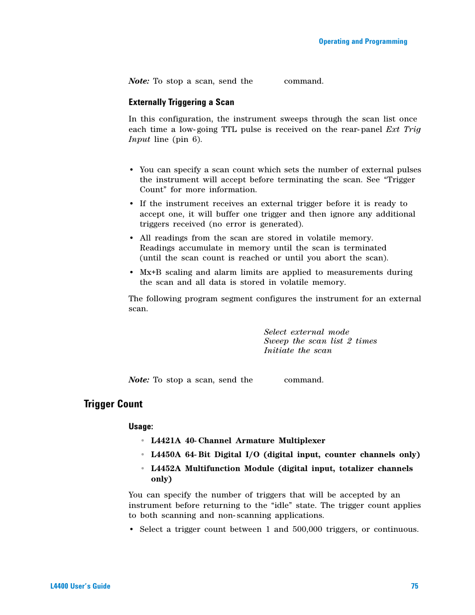 Externally triggering a scan, Trigger count | Agilent Technologies L4400 User Manual | Page 87 / 281