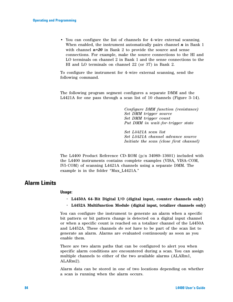 Alarm limits | Agilent Technologies L4400 User Manual | Page 96 / 281