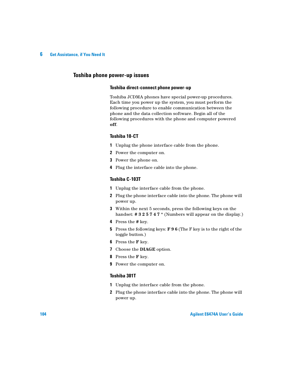 Toshiba phone power-up issues, Toshiba direct-connect phone power-up, Toshiba 10-ct | Toshiba c-103t, Toshiba 301t | Agilent Technologies Agilent E6474A User Manual | Page 104 / 184