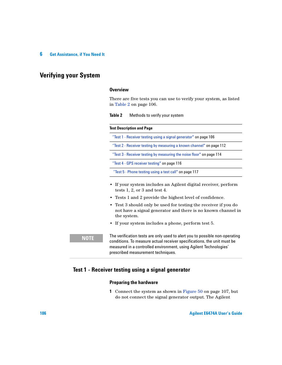 Verifying your system, Overview, Test 1 - receiver testing using a signal generator | Preparing the hardware | Agilent Technologies Agilent E6474A User Manual | Page 106 / 184