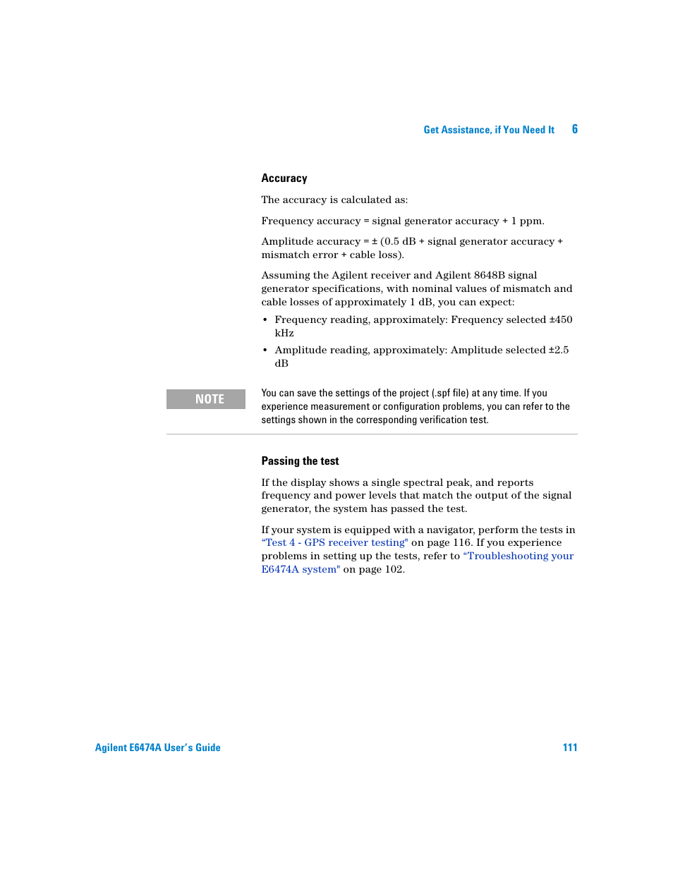 Accuracy, Passing the test | Agilent Technologies Agilent E6474A User Manual | Page 111 / 184