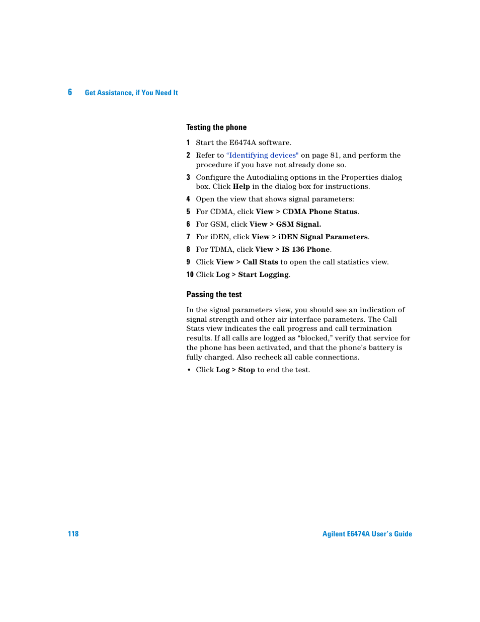 Testing the phone, Passing the test | Agilent Technologies Agilent E6474A User Manual | Page 118 / 184
