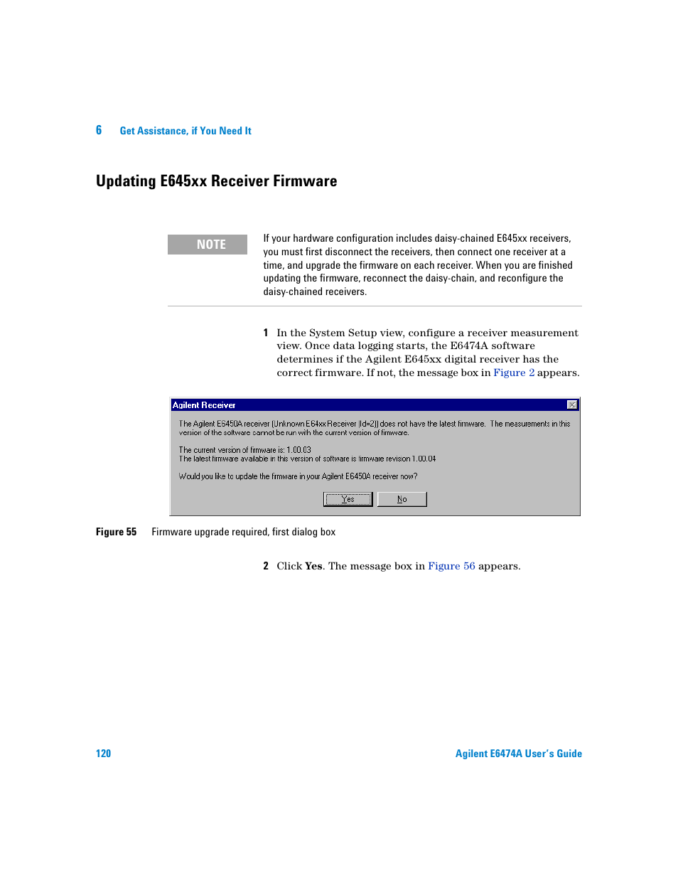 Updating e645xx receiver firmware | Agilent Technologies Agilent E6474A User Manual | Page 120 / 184