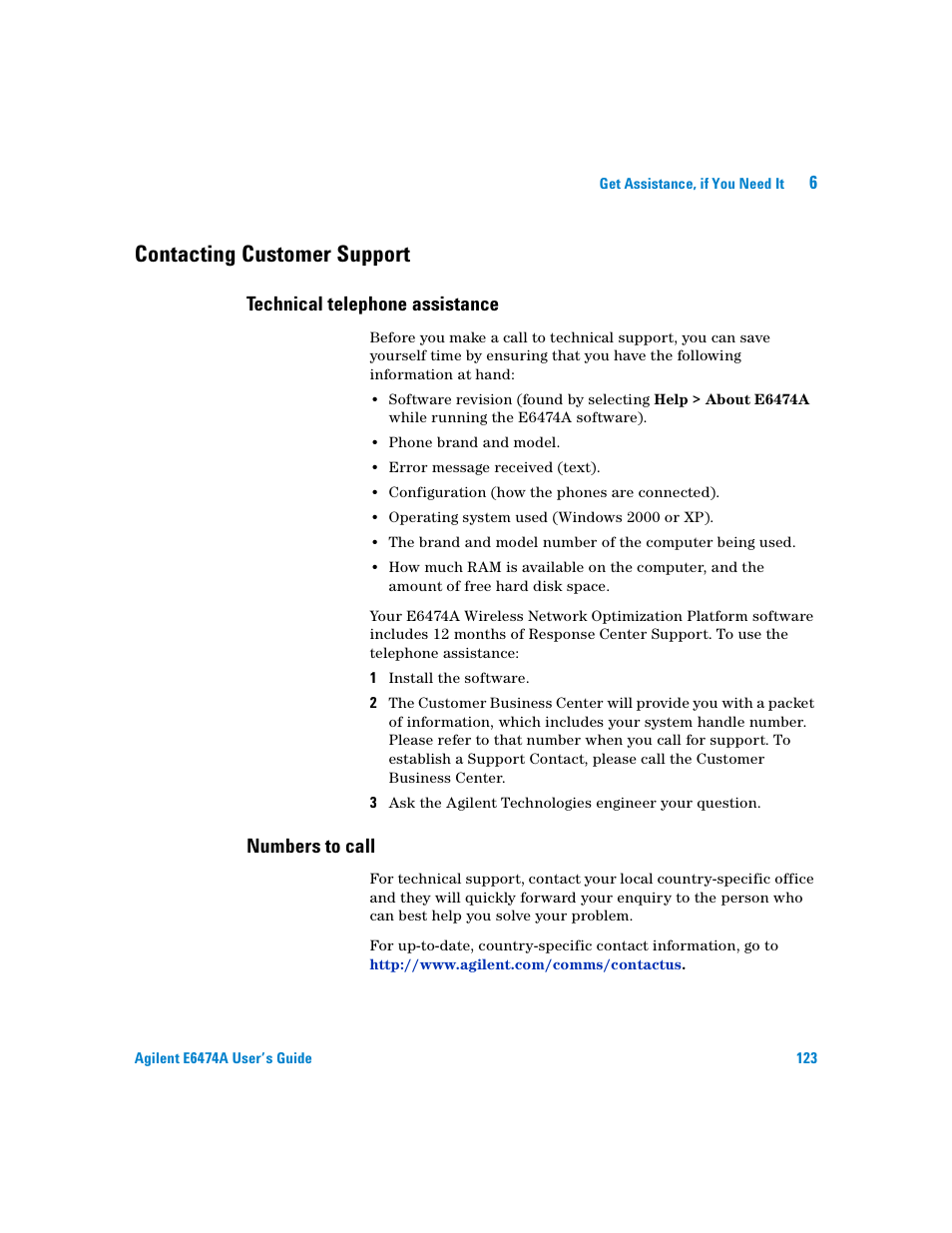 Contacting customer support, Technical telephone assistance, Numbers to call | Contacting customer, Support | Agilent Technologies Agilent E6474A User Manual | Page 123 / 184