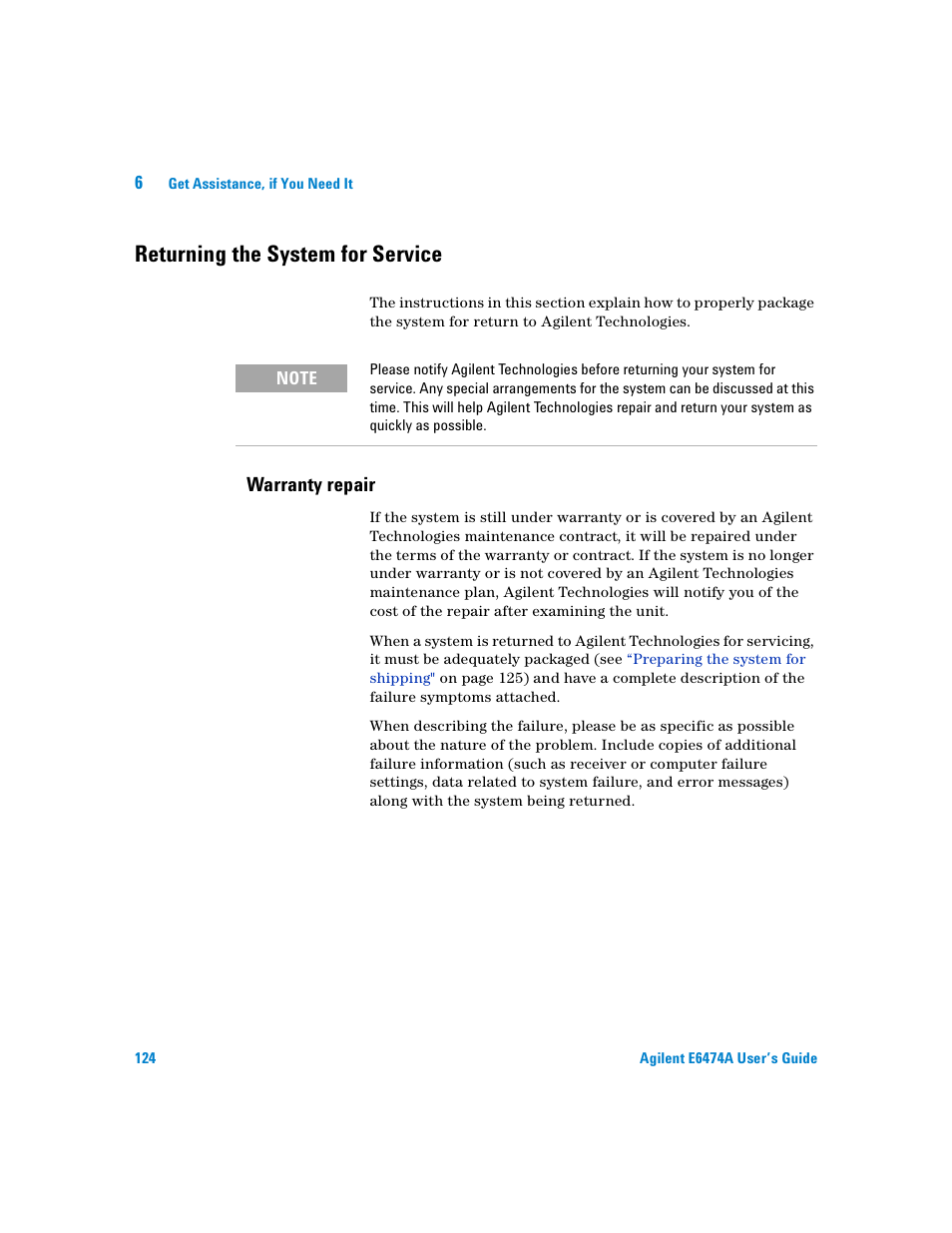 Returning the system for service, Warranty repair | Agilent Technologies Agilent E6474A User Manual | Page 124 / 184