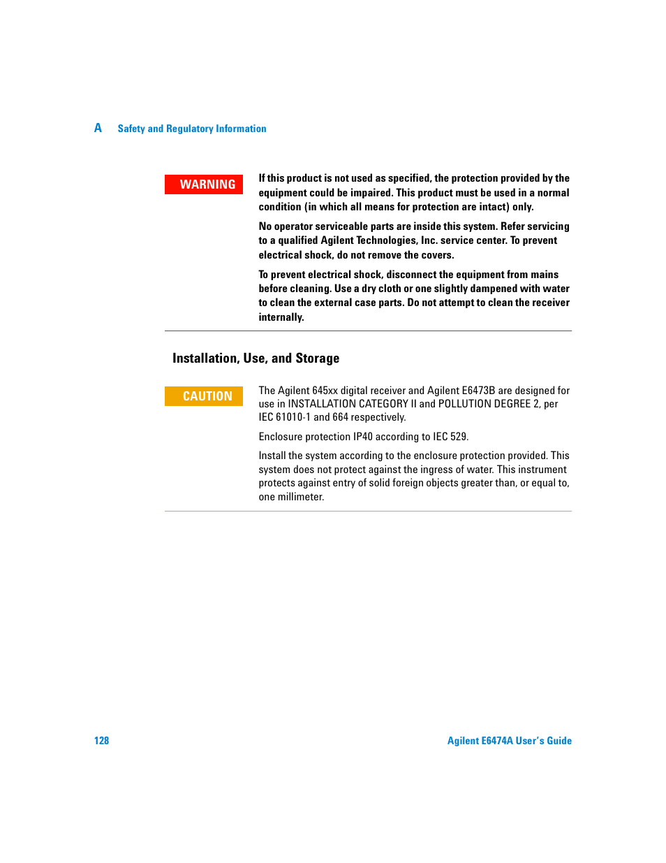 Installation, use, and storage | Agilent Technologies Agilent E6474A User Manual | Page 128 / 184