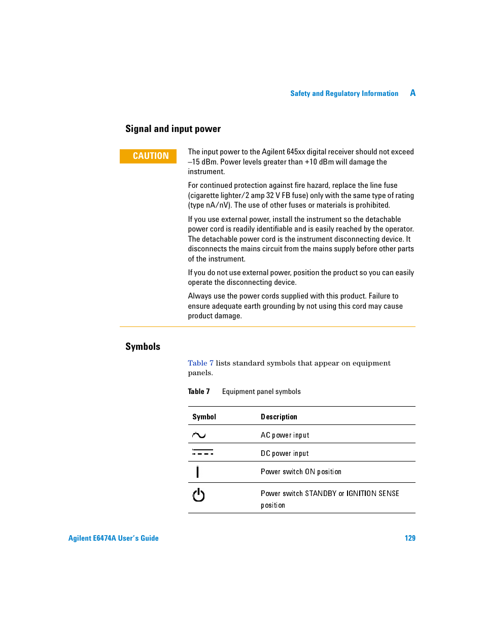 Signal and input power, Symbols, Signal and input power symbols | Agilent Technologies Agilent E6474A User Manual | Page 129 / 184