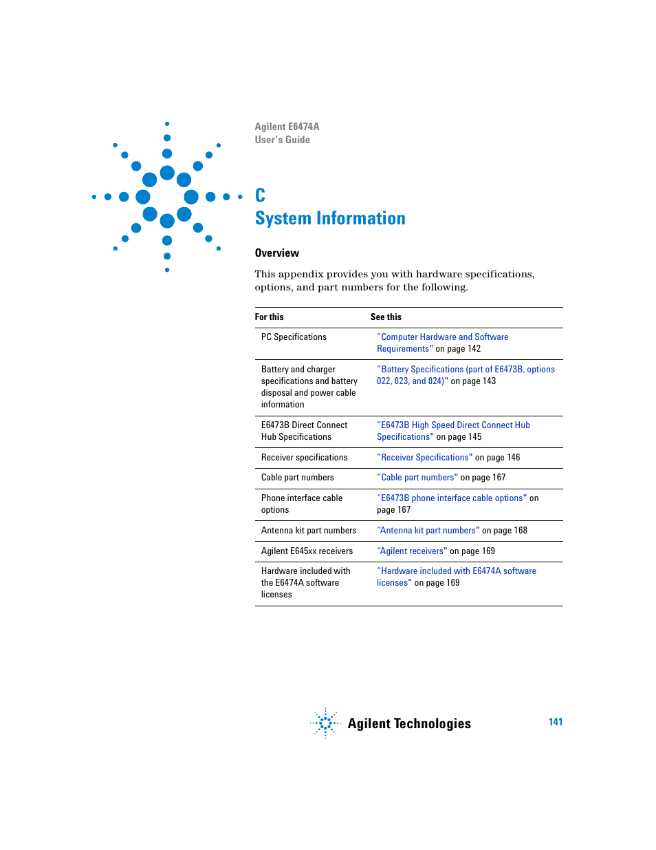 System information, Overview, Appendix c | System, Information, C system information, Agilent technologies | Agilent Technologies Agilent E6474A User Manual | Page 141 / 184