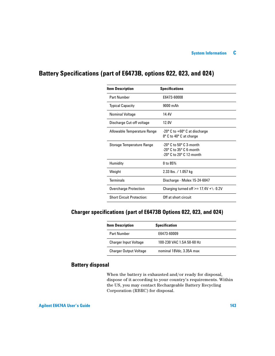 Battery disposal | Agilent Technologies Agilent E6474A User Manual | Page 143 / 184