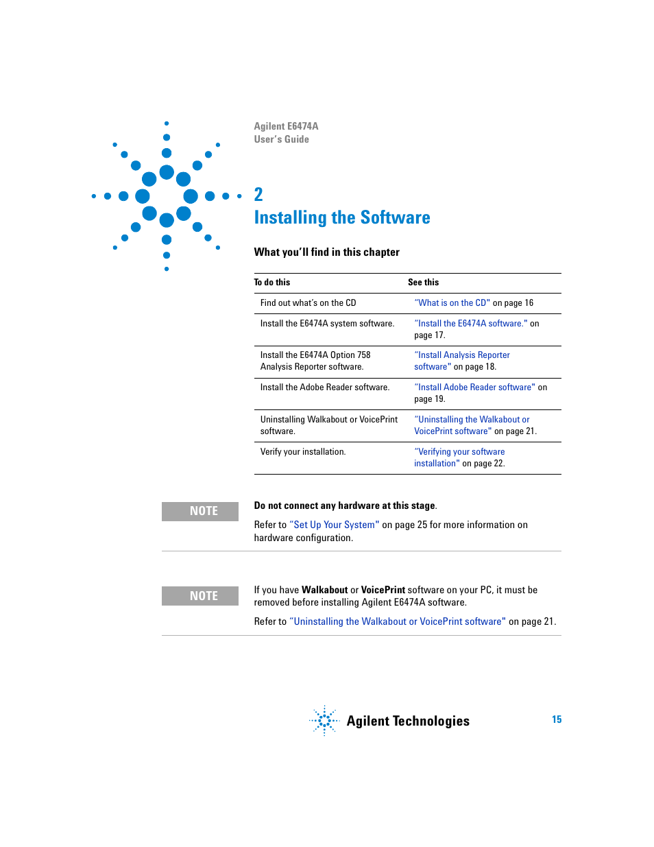 Installing the software, What you’ll find in this chapter, Installing the software 15 | 2 installing the software, Agilent technologies | Agilent Technologies Agilent E6474A User Manual | Page 15 / 184
