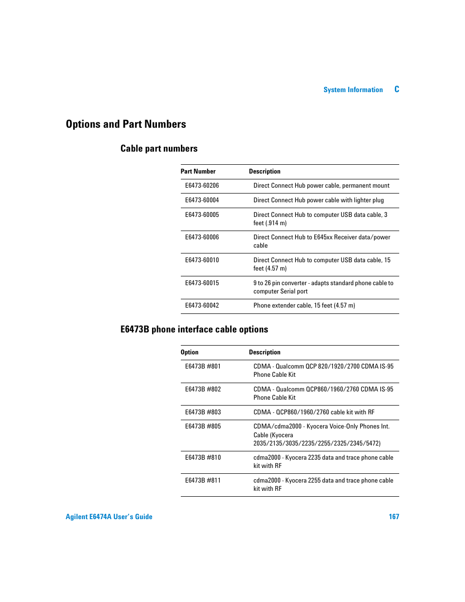 Options and part numbers, Cable part numbers, E6473b phone interface cable options | Agilent Technologies Agilent E6474A User Manual | Page 167 / 184