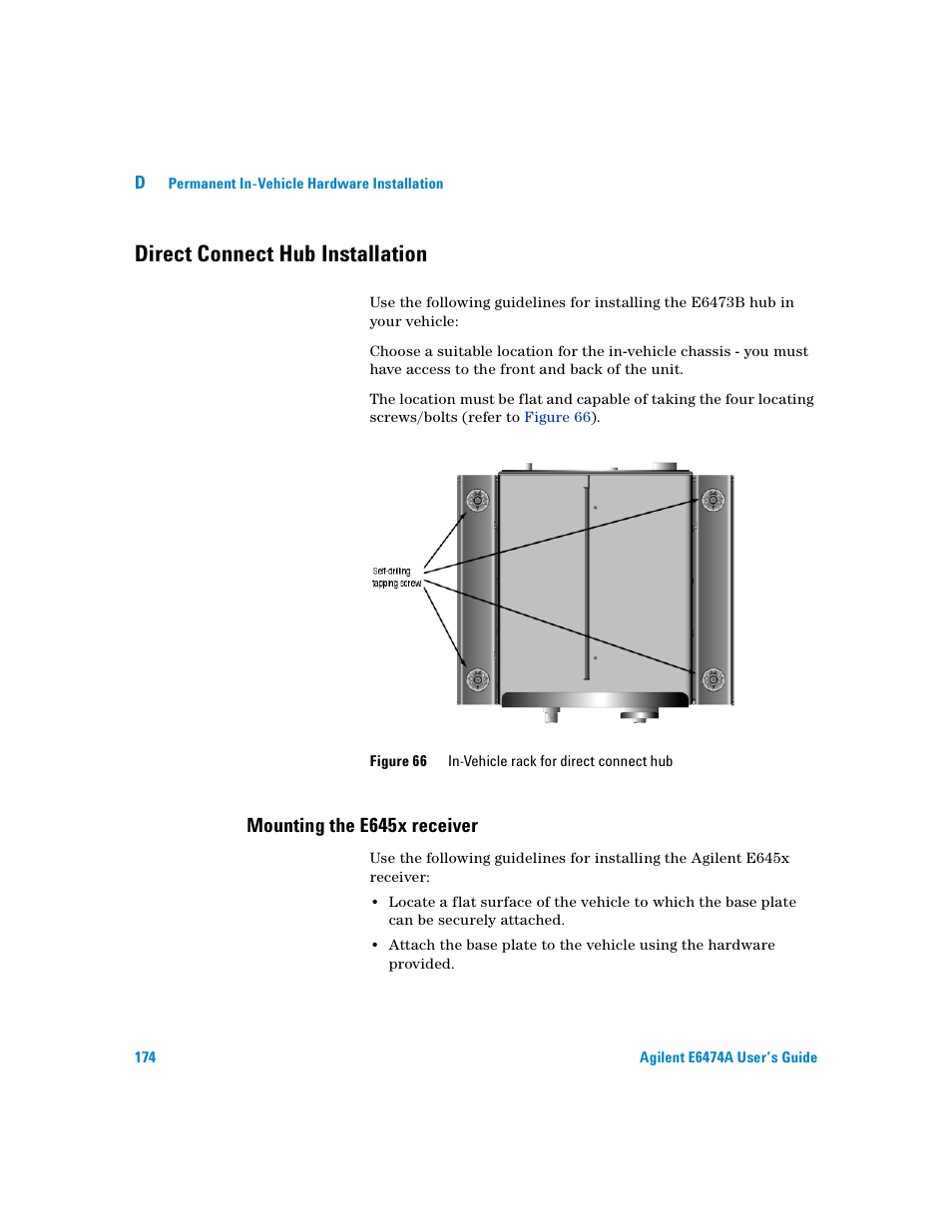 Direct connect hub installation, Mounting the e645x receiver, Direct connect hub | Installation | Agilent Technologies Agilent E6474A User Manual | Page 174 / 184