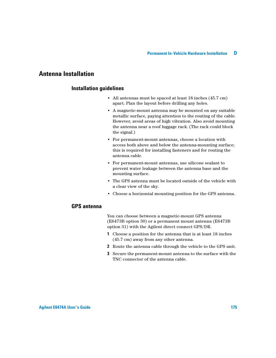 Antenna installation, Installation guidelines, Gps antenna | Agilent Technologies Agilent E6474A User Manual | Page 175 / 184