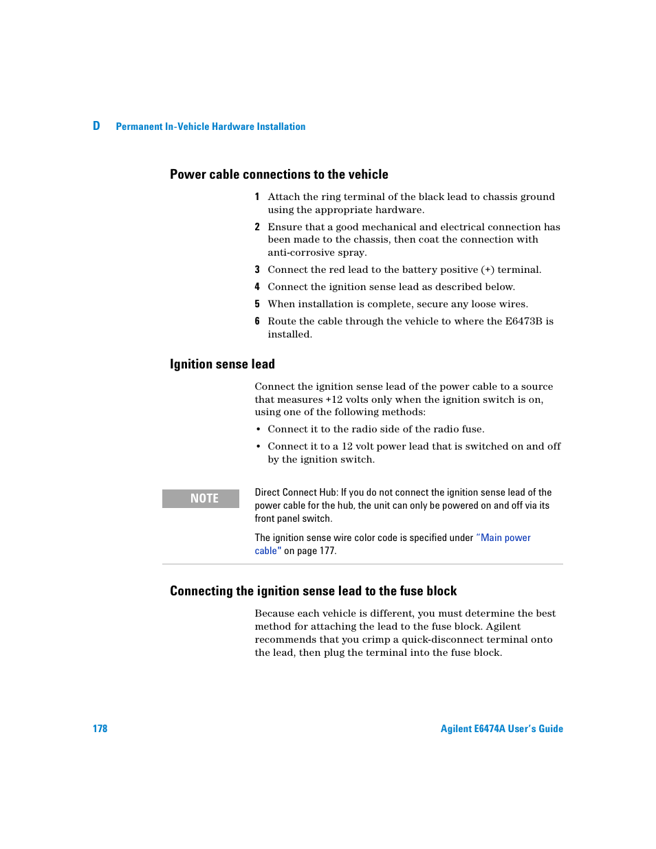 Power cable connections to the vehicle, Ignition sense lead | Agilent Technologies Agilent E6474A User Manual | Page 178 / 184