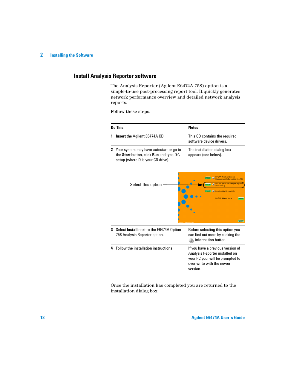 Install analysis reporter software | Agilent Technologies Agilent E6474A User Manual | Page 18 / 184