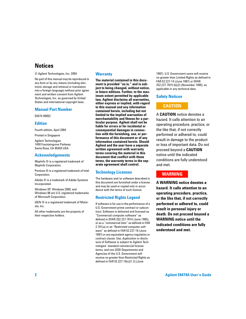 Notices | Agilent Technologies Agilent E6474A User Manual | Page 2 / 184