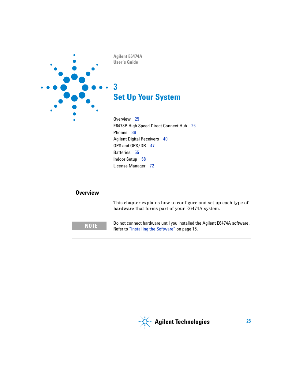 Set up your system, Overview, 3 set up your system | Agilent technologies | Agilent Technologies Agilent E6474A User Manual | Page 25 / 184