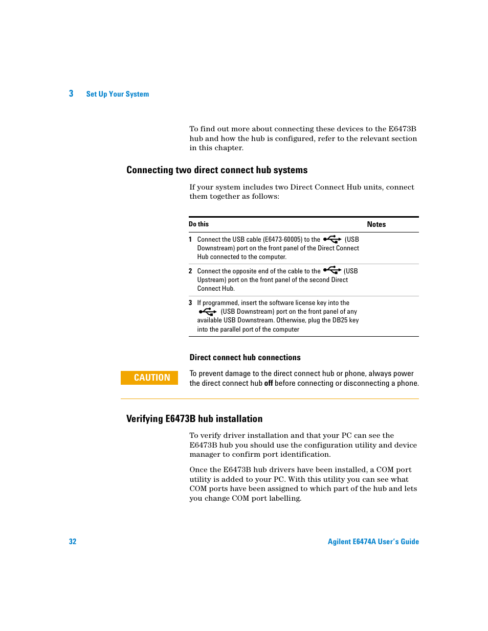 Connecting two direct connect hub systems, Direct connect hub connections, Verifying e6473b hub installation | Agilent Technologies Agilent E6474A User Manual | Page 32 / 184