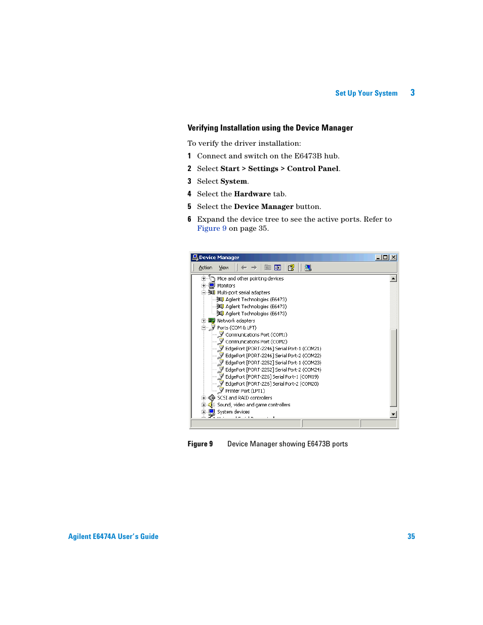 Verifying installation using the device manager | Agilent Technologies Agilent E6474A User Manual | Page 35 / 184