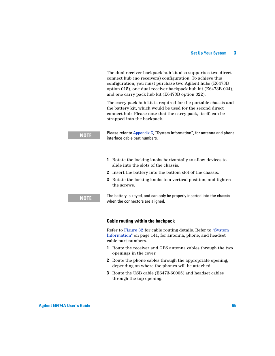 Cable routing within the backpack | Agilent Technologies Agilent E6474A User Manual | Page 65 / 184
