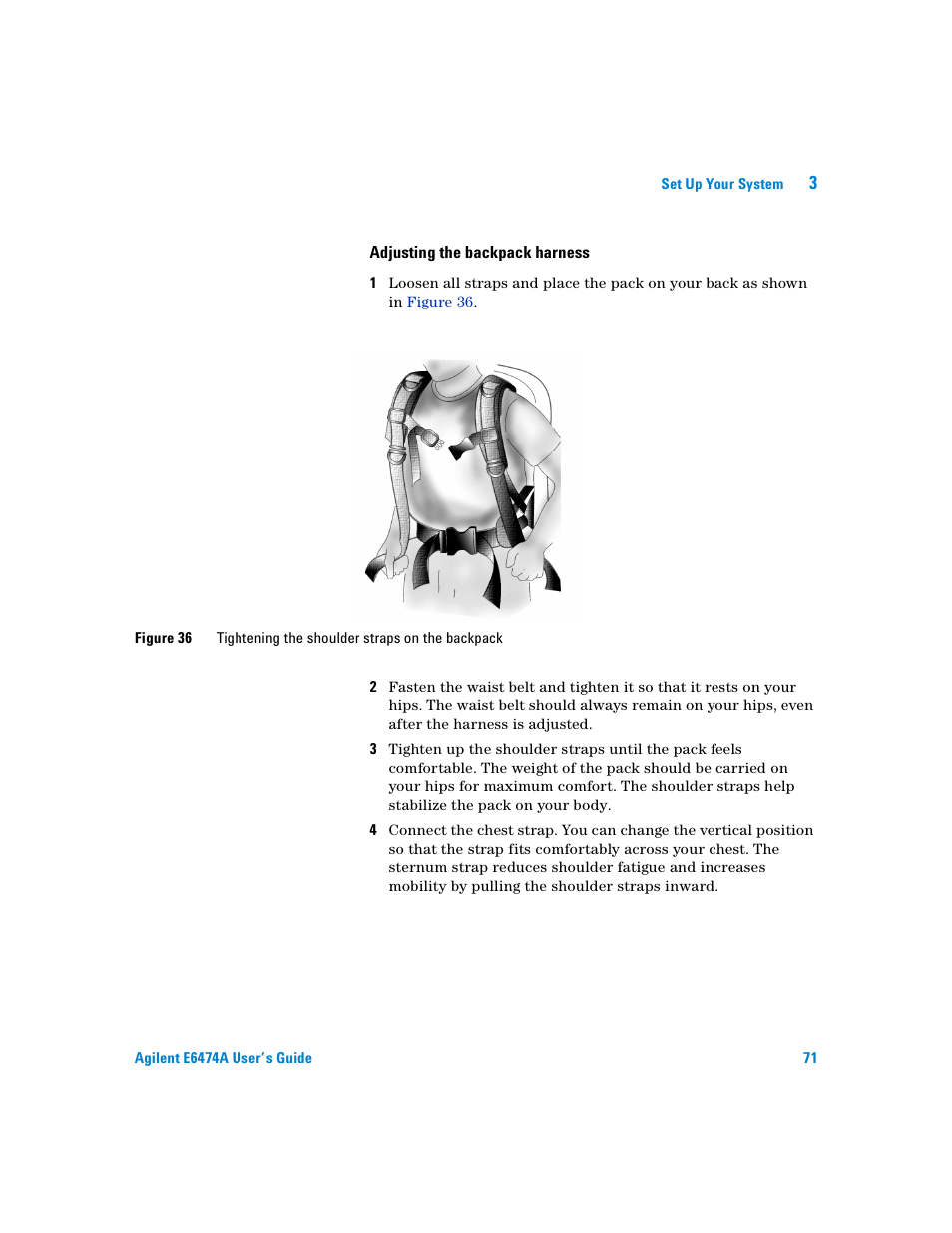 Adjusting the backpack harness | Agilent Technologies Agilent E6474A User Manual | Page 71 / 184