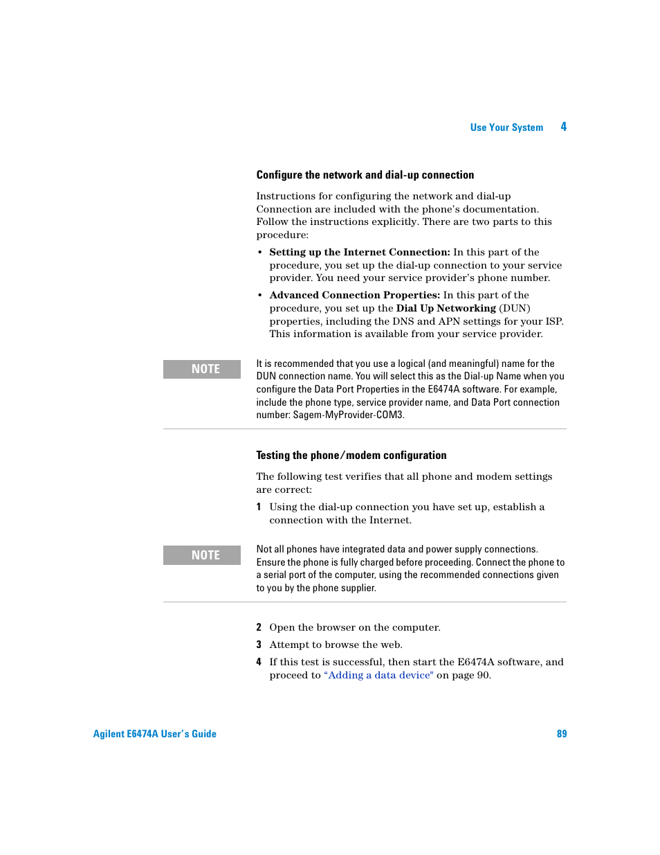 Configure the network and dial-up connection, Testing the phone/modem configuration | Agilent Technologies Agilent E6474A User Manual | Page 89 / 184