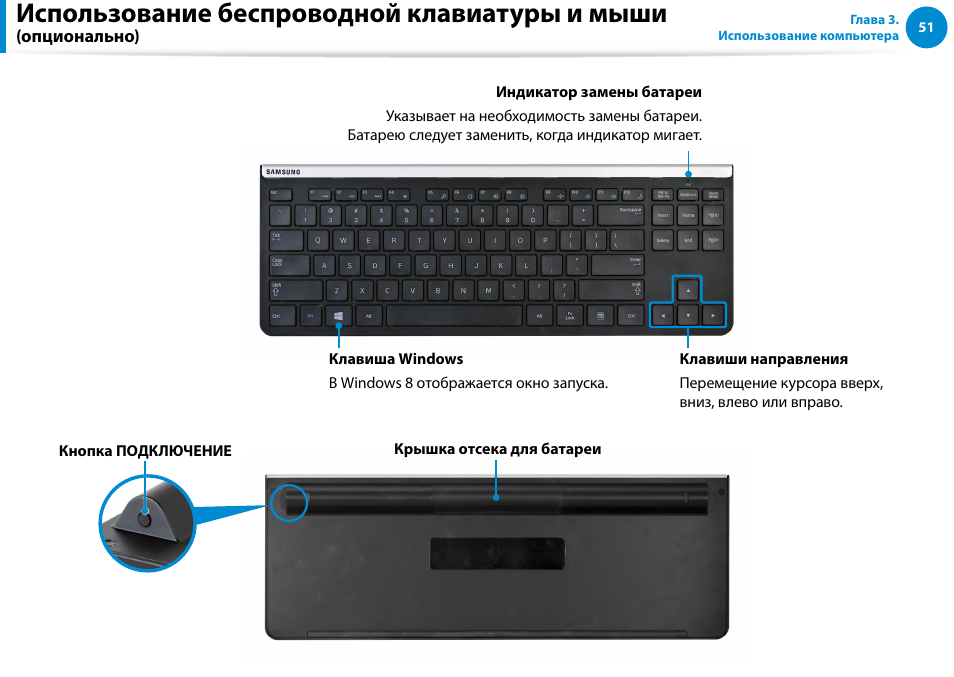 Использование беспроводной клавиатуры и мыши | Samsung DP700A7D User Manual | Page 52 / 140