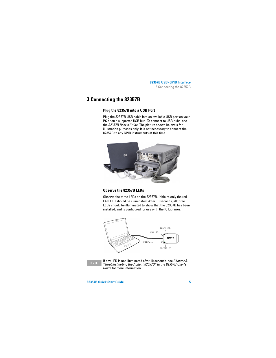 3 connecting the 82357b, Plug the 82357b into a usb port, Observe the 82357b leds | Agilent Technologies 82357B User Manual | Page 11 / 34