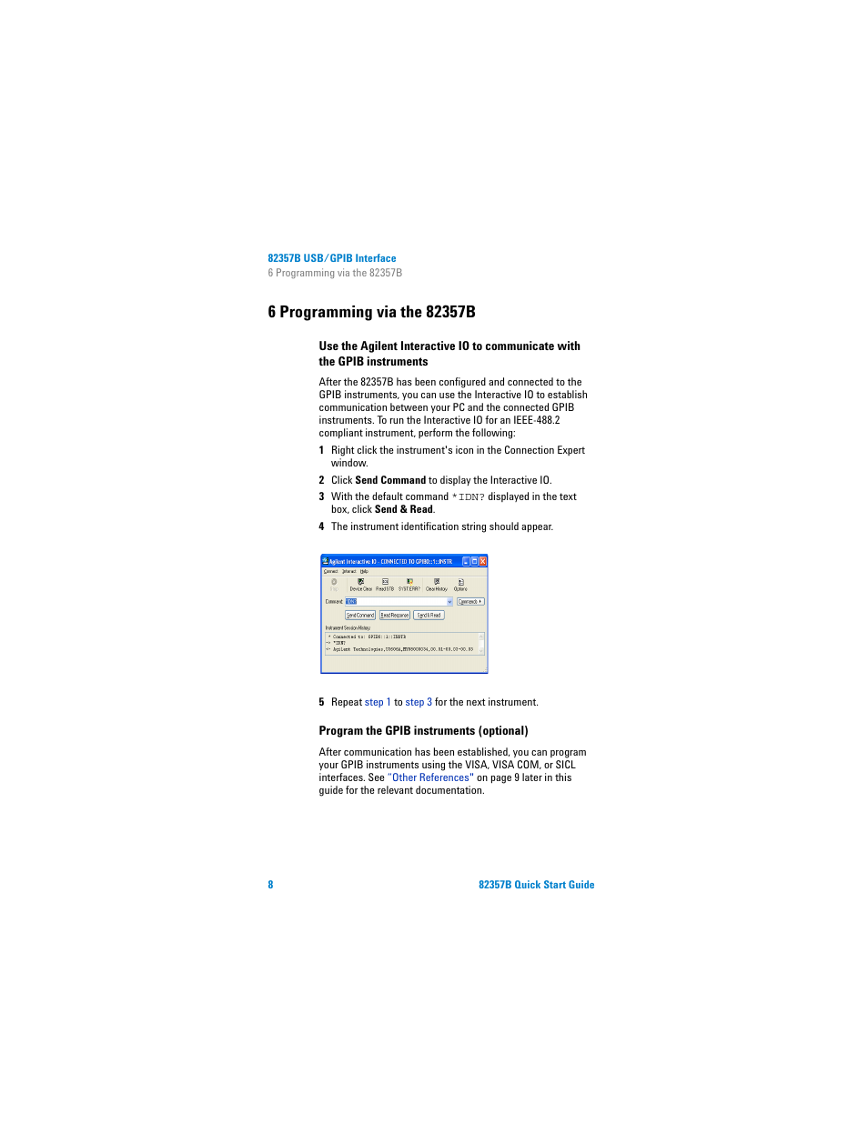 6 programming via the 82357b, Program the gpib instruments (optional), Gpib instruments | Agilent Technologies 82357B User Manual | Page 14 / 34