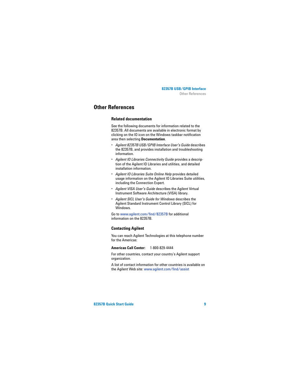 Other references, Related documentation, Contacting agilent | Agilent Technologies 82357B User Manual | Page 15 / 34