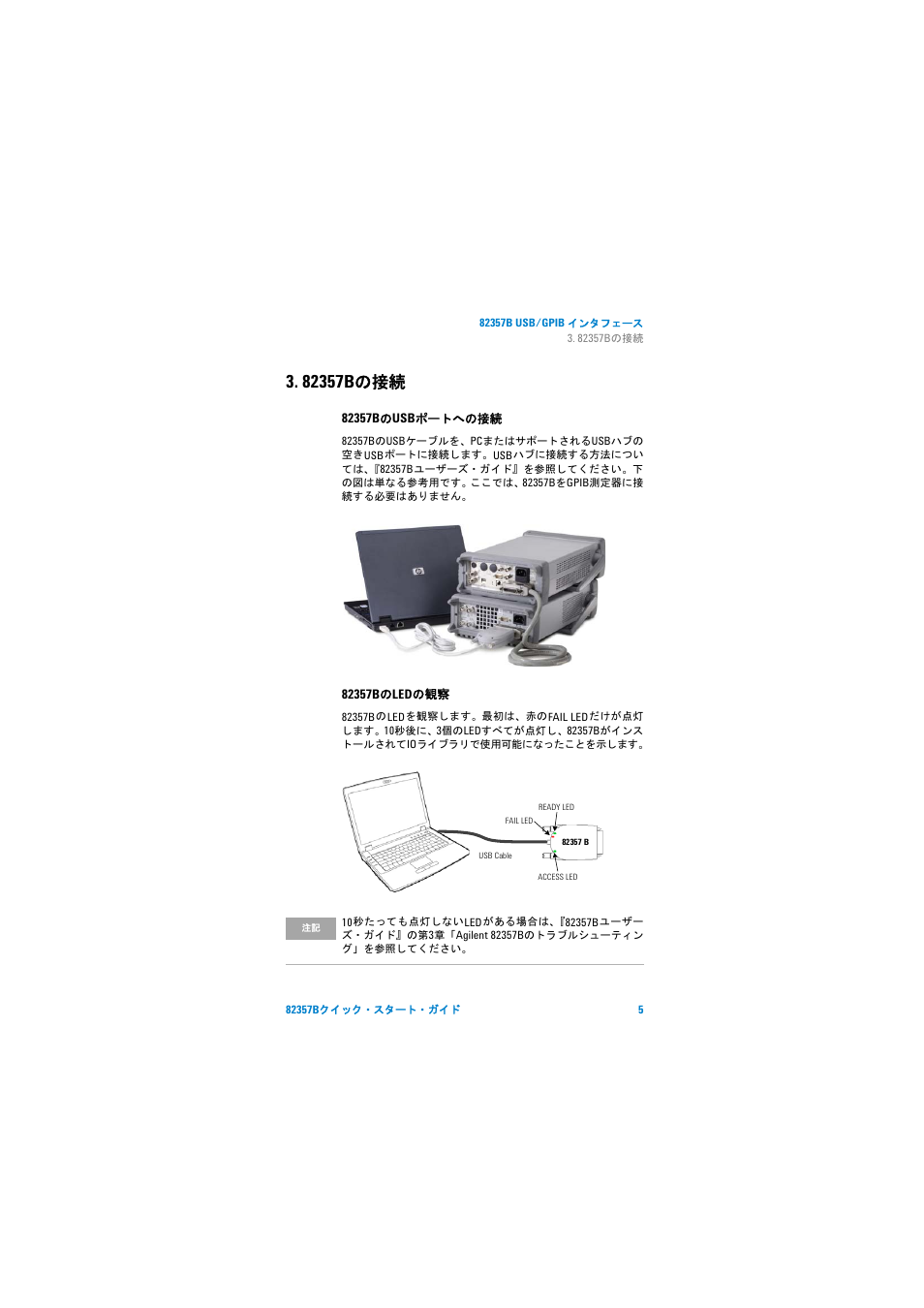 82357bの接続, 82357bのusbポートへの接続, 82357bのledの観察 | Agilent Technologies 82357B User Manual | Page 28 / 34