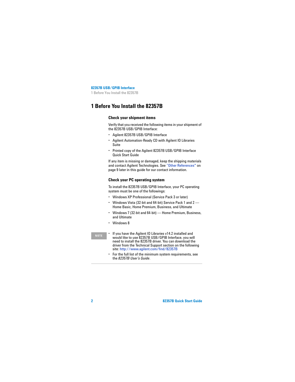 1 before you install the 82357b, Check your shipment items, Check your pc operating system | Agilent Technologies 82357B User Manual | Page 8 / 34
